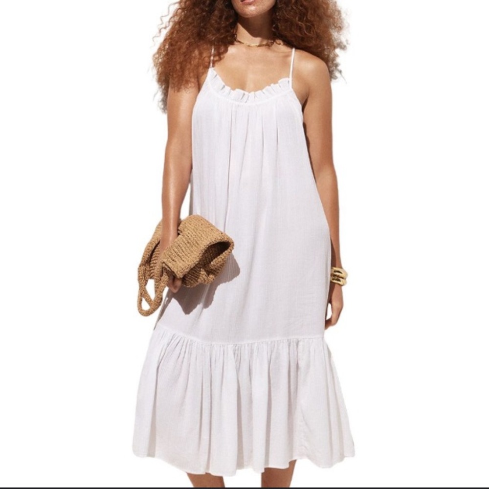 J.Crew White cotton Ruffle Tiered Maxi Dress S/M Boho Coastal